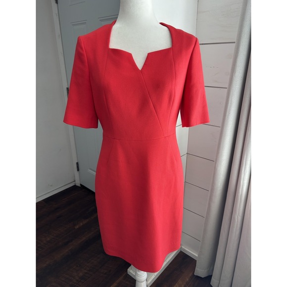 L K Bennett Dress Womens 8 Red Poppy Notch Neck Sheath Short Sleeve Classic - Picture 1 of 8
